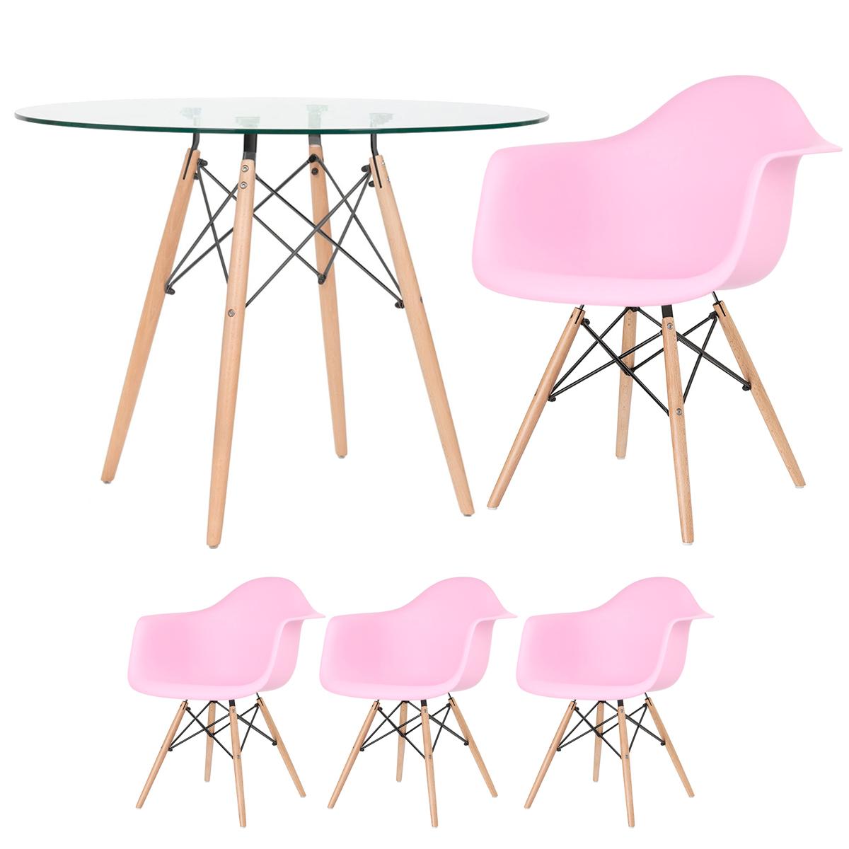 Mesa Redonda Eames Com Tampo De Vidro 100 Cm + 3 Cadeiras Eiffel Daw Rosa Claro