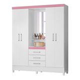 Guarda Roupa Casal 4 Portas Capelinha Pérsia C/ Espelho 43220 Branco Rosa Flex Demóbile