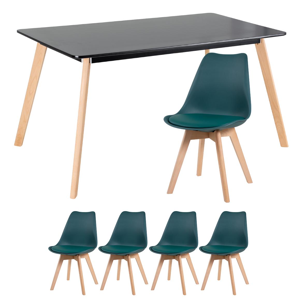 Mesa De Jantar Retangular 80 X 140 Cm Preto + 4 Cadeiras Estofadas Leda Verde Escuro