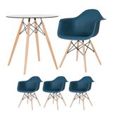 Kit - Mesa Redonda De Vidro Eames 70 Cm + 3 Cadeiras Eiffel Daw Azul Petróleo