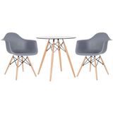 Kit - Mesa Redonda De Vidro Eames 70 Cm + 2 Cadeiras Eiffel Daw Cinza Escuro