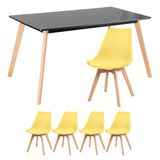 Mesa De Jantar Retangular 80 X 140 Cm Preto + 4 Cadeiras Estofadas Leda Amarelo