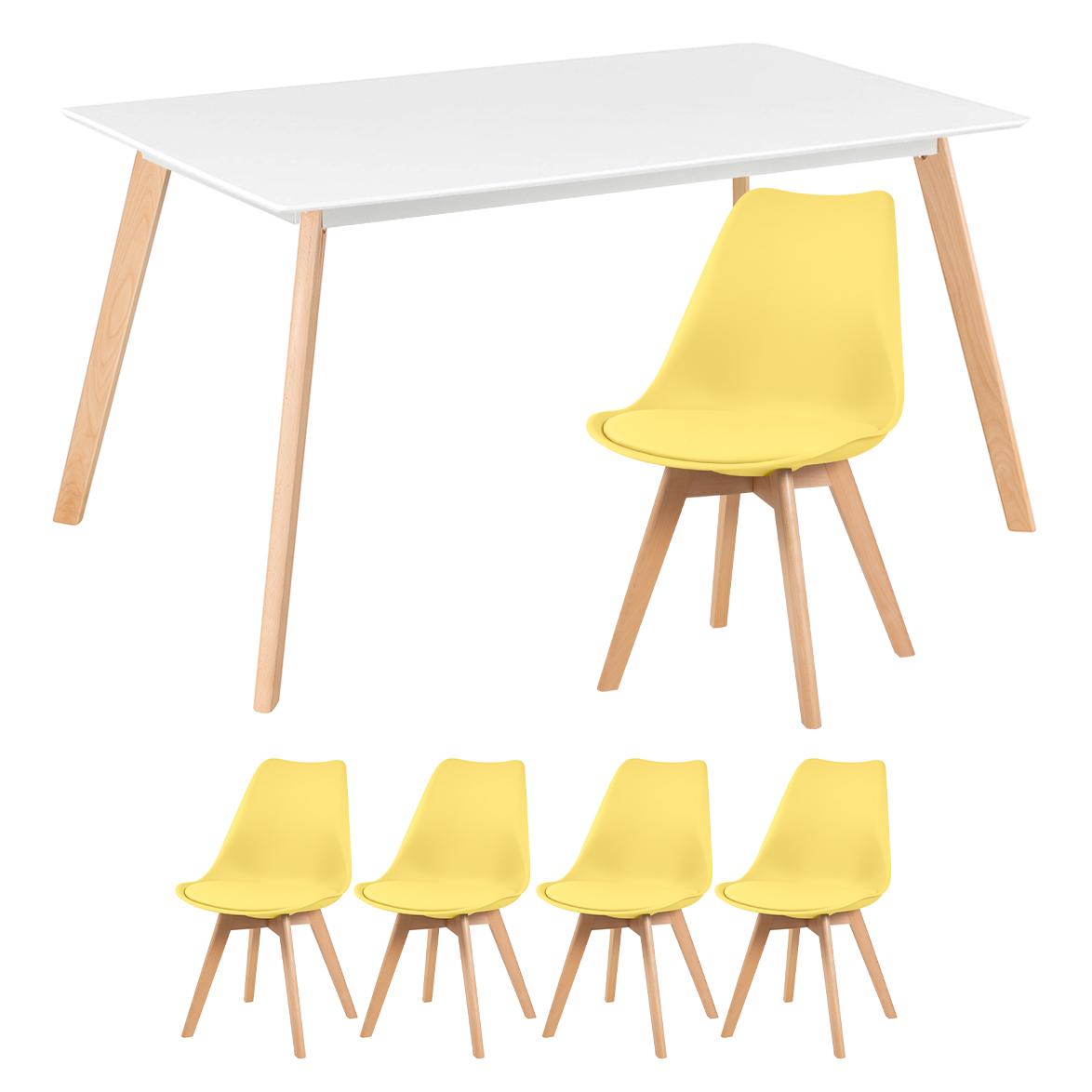 Mesa De Jantar Retangular 80 X 140 Cm Branco + 4 Cadeiras Estofadas Leda Amarelo