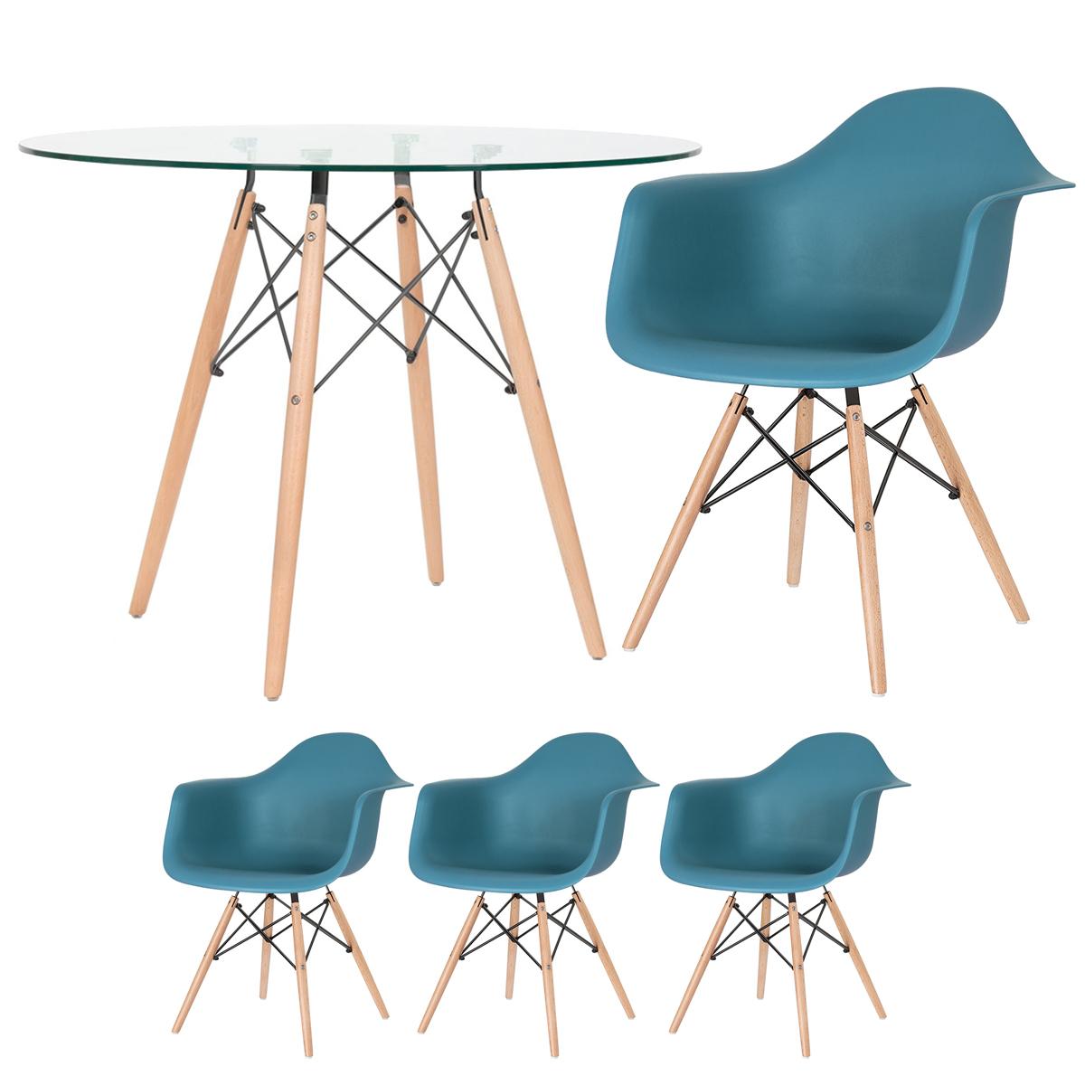 Mesa Redonda Eames Com Tampo De Vidro 100 Cm + 3 Cadeiras Eiffel Daw Turquesa