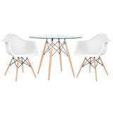 Mesa Redonda Eames Com Tampo De Vidro 100 Cm + 2 Cadeiras Eiffel Daw Branco