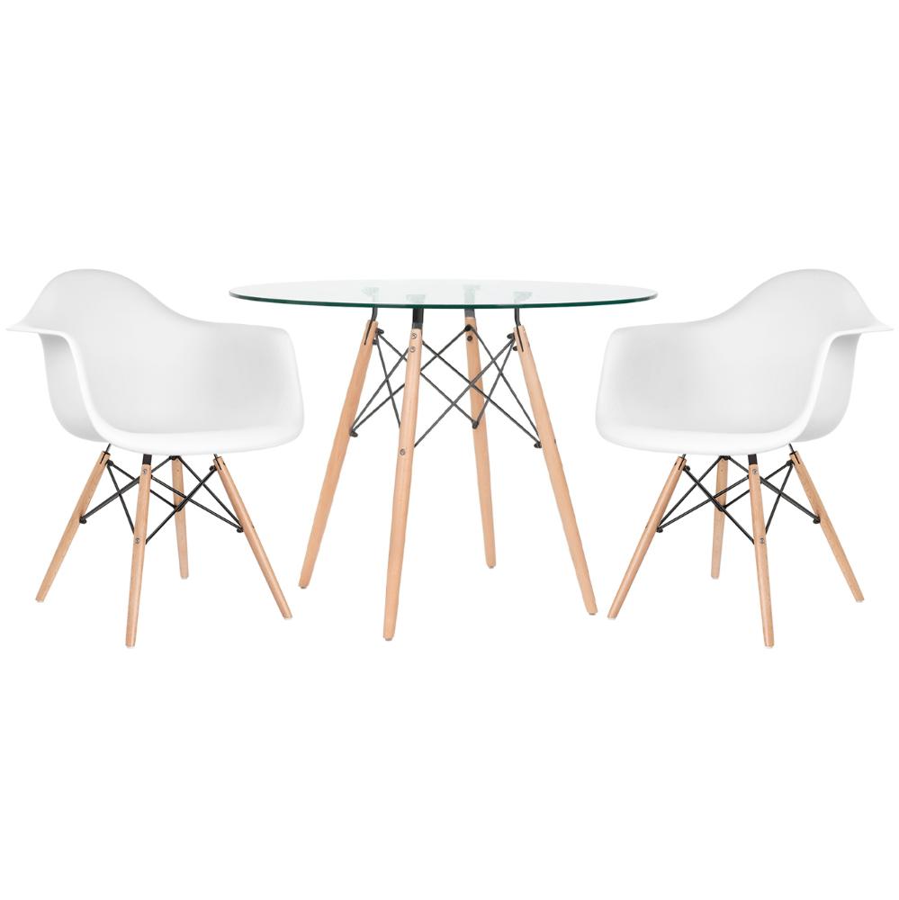 Mesa Redonda Eames Com Tampo De Vidro 100 Cm + 2 Cadeiras Eiffel Daw Branco