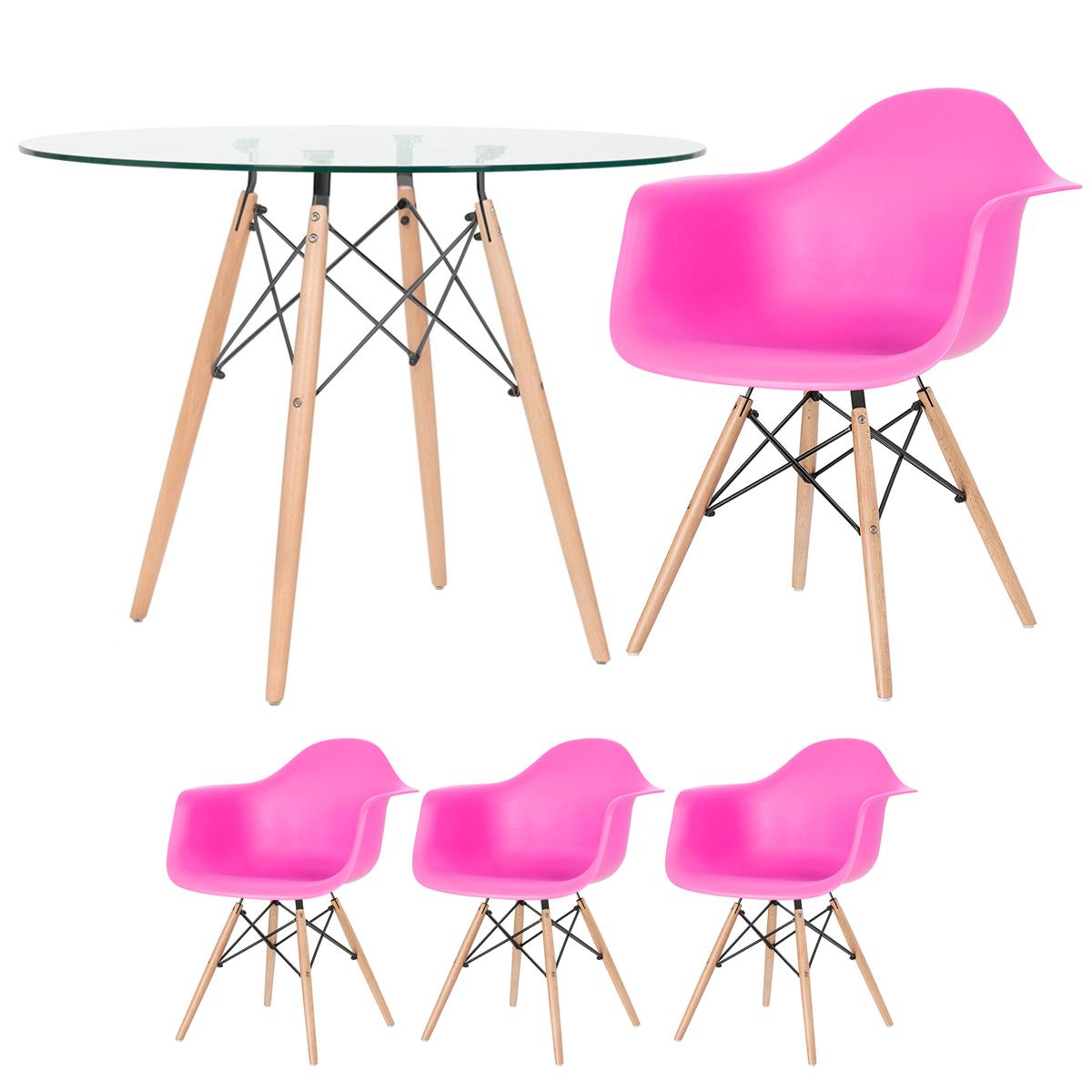 Mesa Redonda Eames Com Tampo De Vidro 100 Cm + 3 Cadeiras Eiffel Daw Rosa Pink