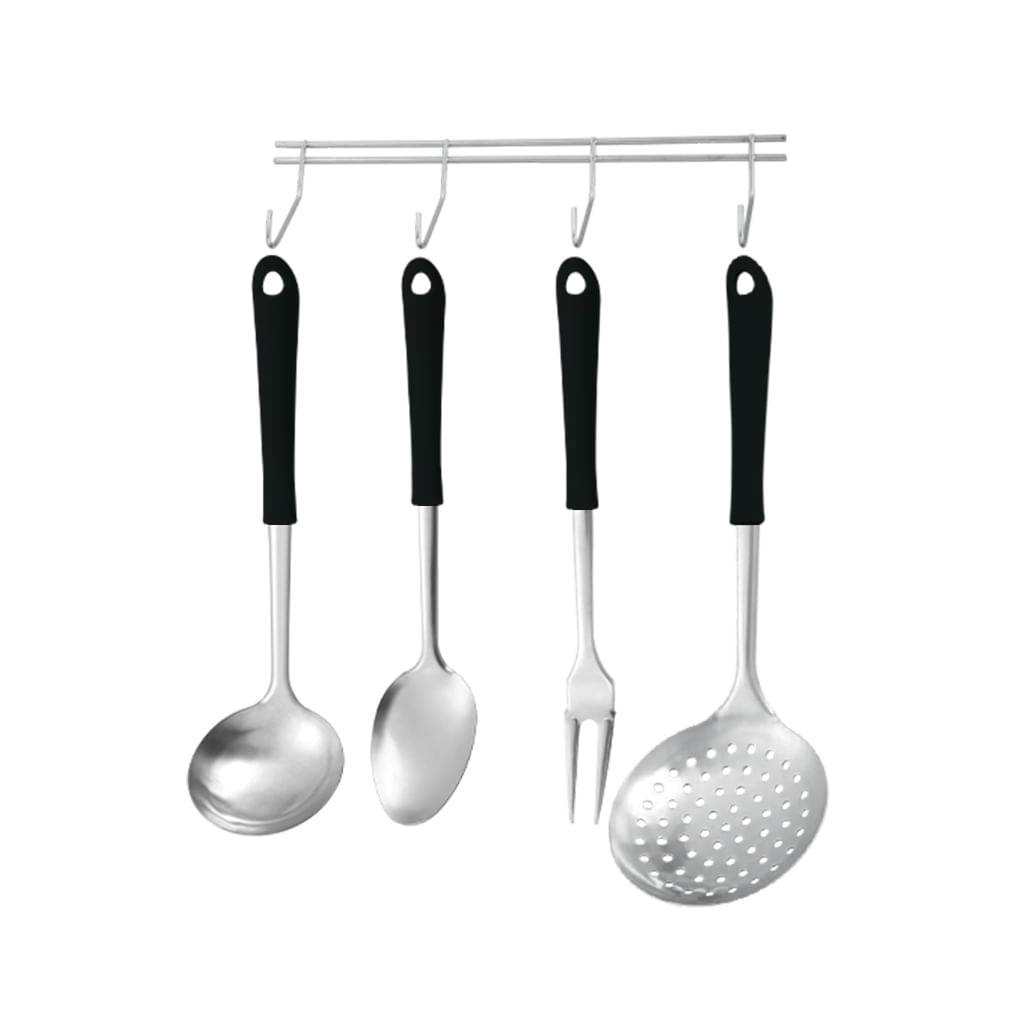 Conjunto Utensílios Em Inox Com Cabo Plástico 4 Pçs + Suporte Linha Elegance