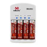 Carregador Mox Rápido Bivolt + 4 Pilhas Recarregável Aa 2600mha