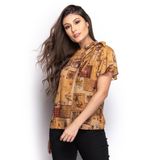 Blusa Feminina Estampada Decote V Laço Manga Curta Casual