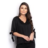 Blusa Feminina Lisa Decote V Laço Manga Três Quartos Casual