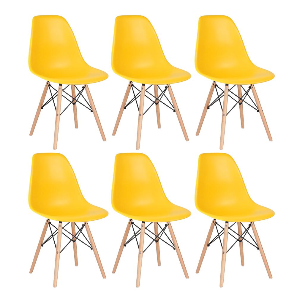 Kit - 6 X Cadeiras Charles Eames Eiffel Dsw - Base De Madeira Clara - Amarelo