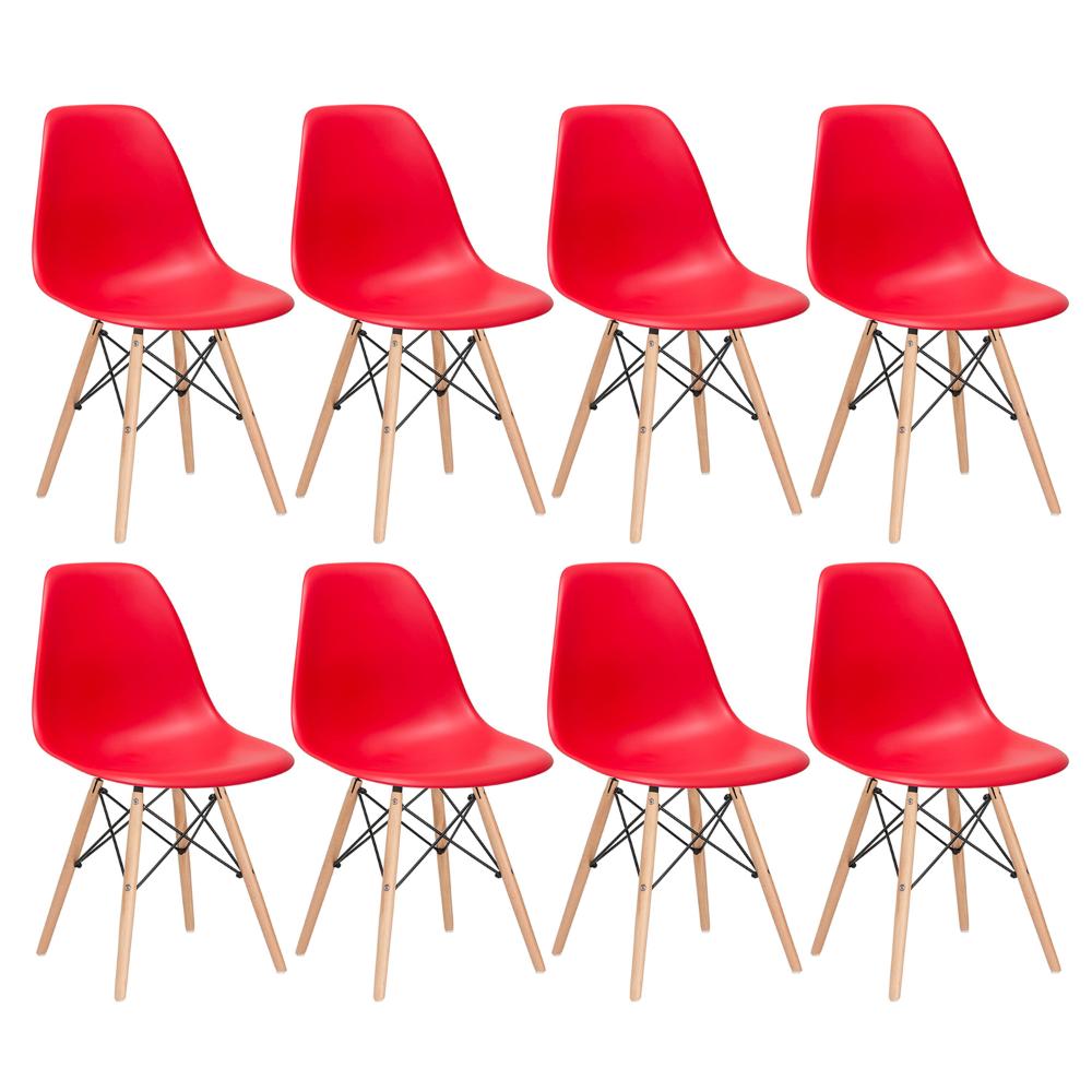 Kit - 8 X Cadeiras Charles Eames Eiffel Dsw - Base De Madeira Clara - Vermelho