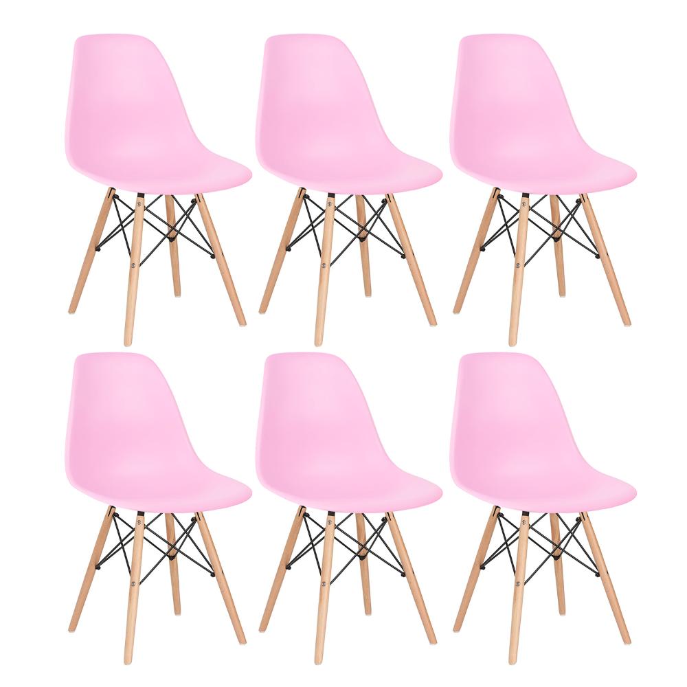 Kit - 6 X Cadeiras Charles Eames Eiffel Dsw - Base De Madeira Clara - Rosa Claro