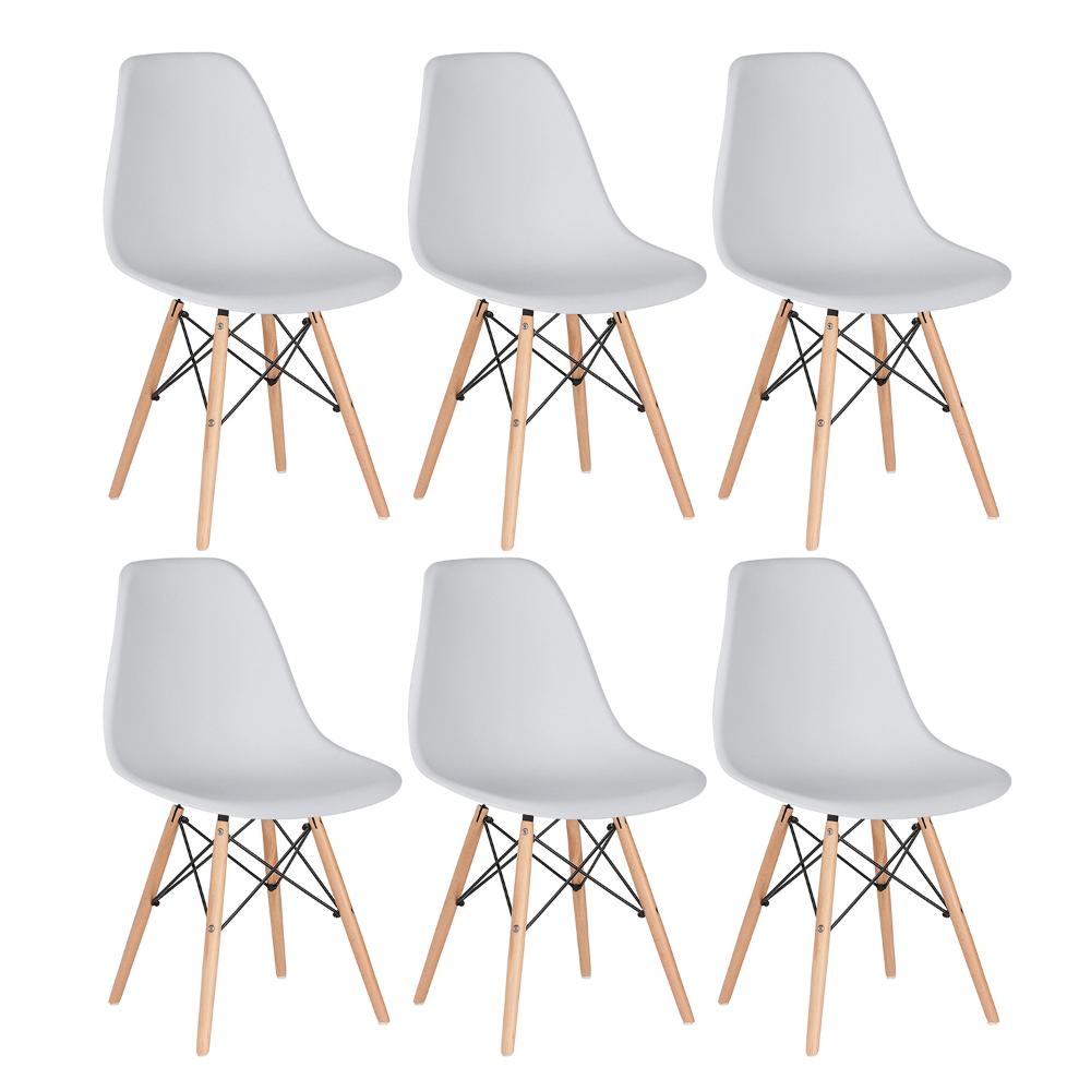 Kit - 6 X Cadeiras Charles Eames Eiffel Dsw - Base De Madeira Clara - Cinza Claro