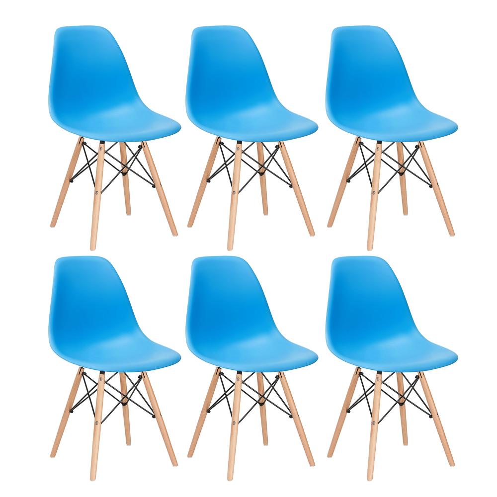 Kit - 6 X Cadeiras Charles Eames Eiffel Dsw - Base De Madeira Clara - Azul Céu