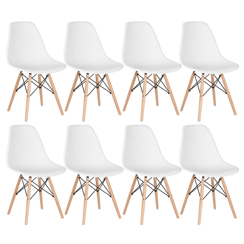 Kit - 8 X Cadeiras Charles Eames Eiffel Dsw - Base De Madeira Clara - Branco