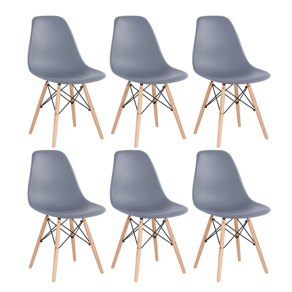 Kit - 6 X Cadeiras Charles Eames Eiffel Dsw - Base De Madeira Clara - Cinza Escuro