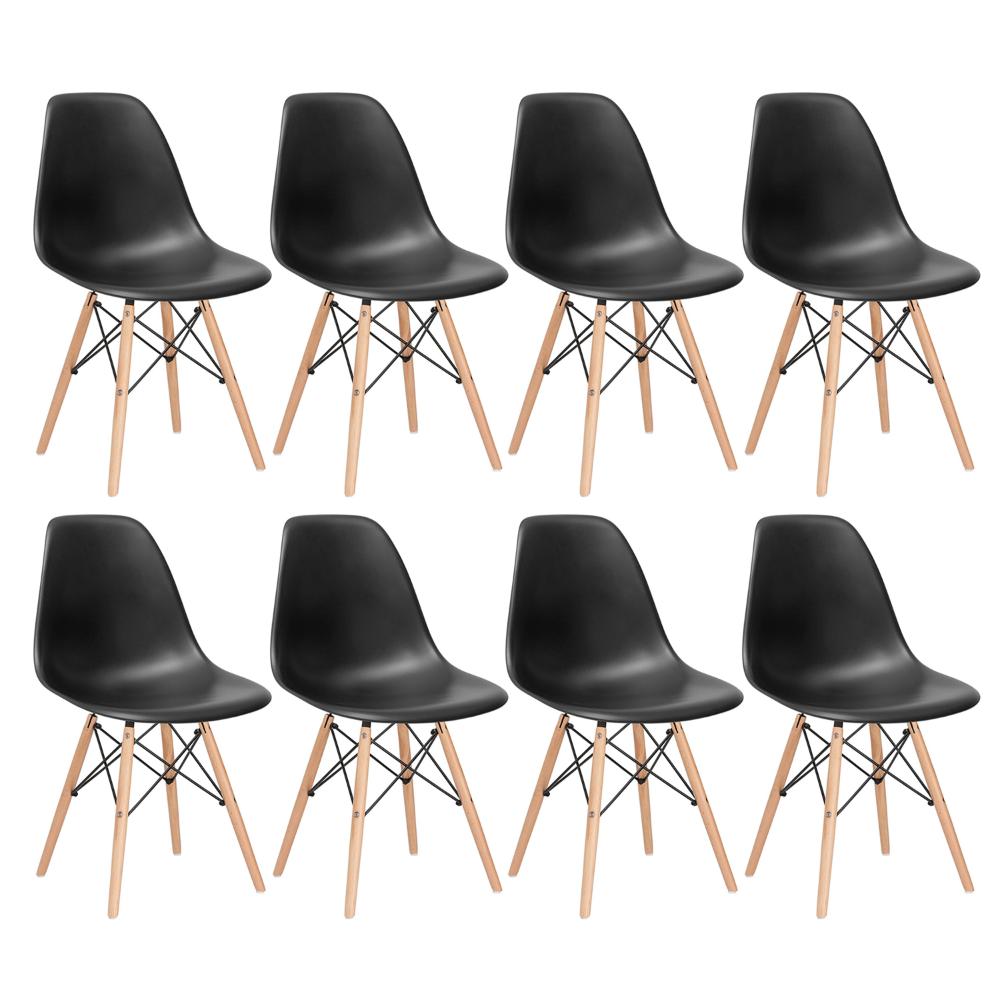 Kit - 8 X Cadeiras Charles Eames Eiffel Dsw - Base De Madeira Clara - Preto