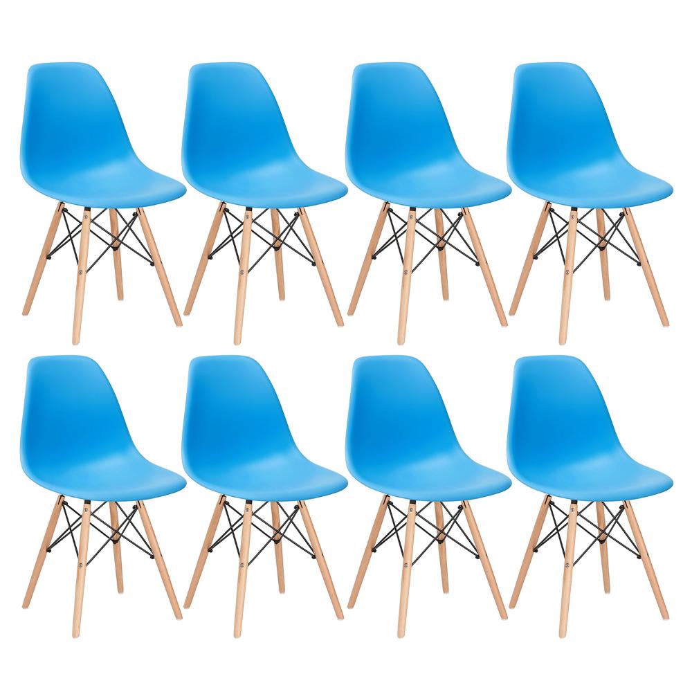 Kit - 8 X Cadeiras Charles Eames Eiffel Dsw - Base De Madeira Clara - Azul Céu