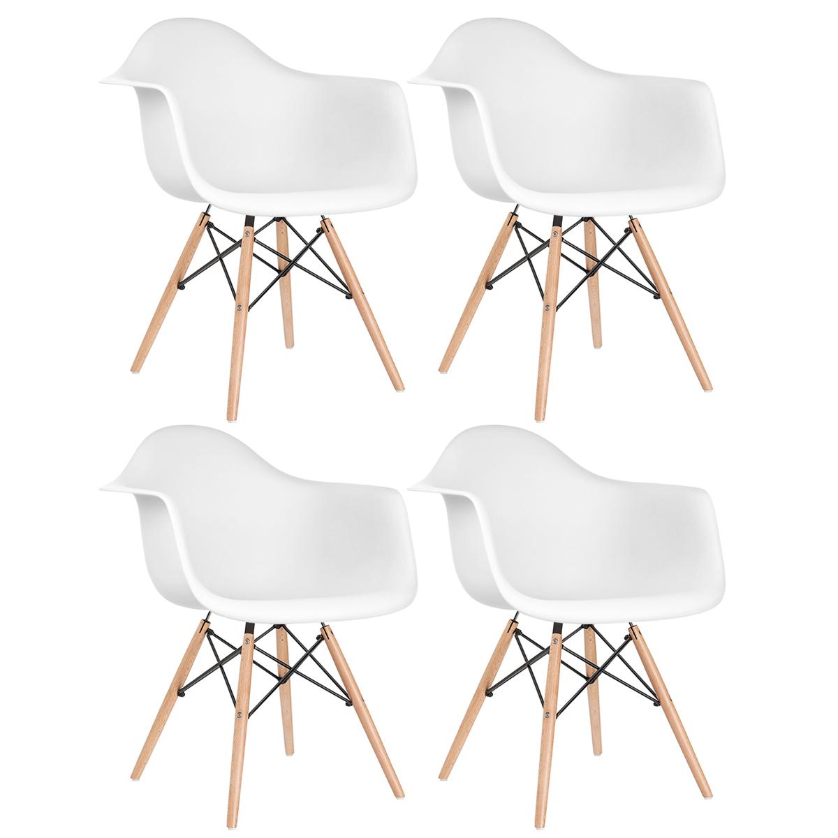 Kit - 4 X Cadeiras Charles Eames Eiffel Daw Com Braços - Base De Madeira Clara - Branco