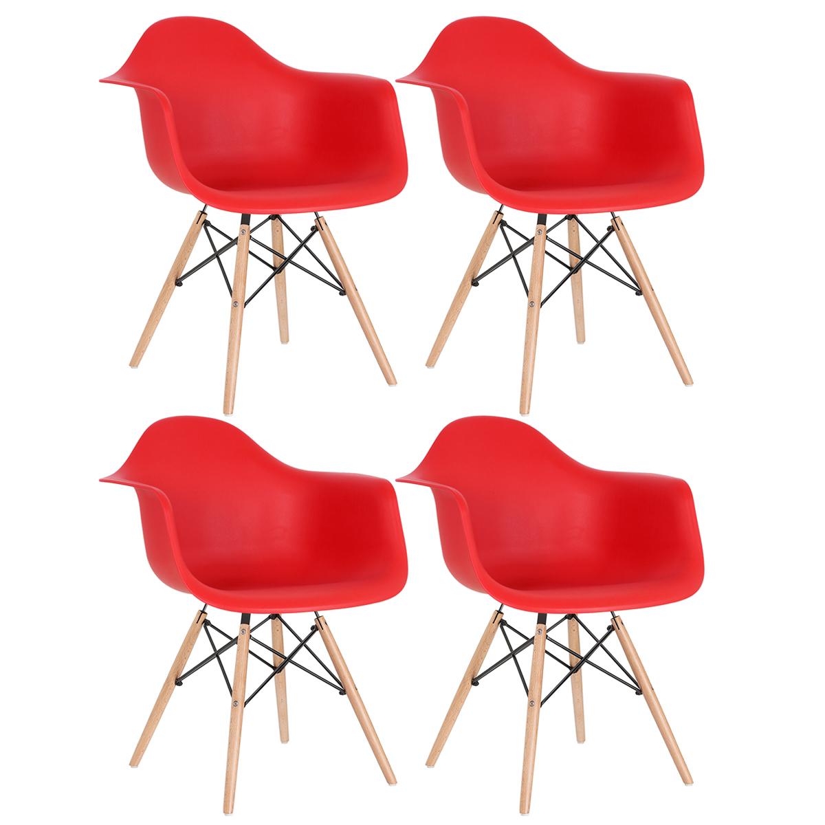 Kit - 4 X Cadeiras Charles Eames Eiffel Daw Com Braços - Base De Madeira Clara - Vermelho