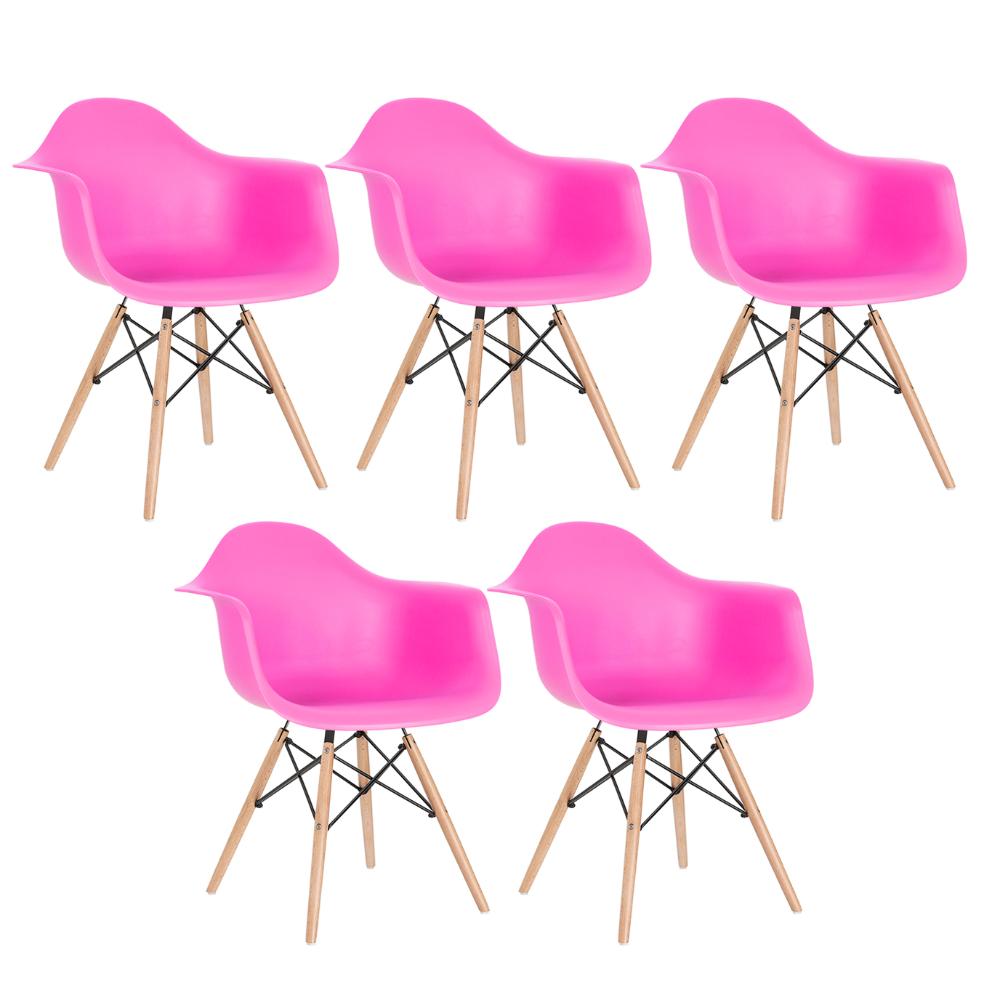 Kit - 5 X Cadeiras Charles Eames Eiffel Daw Com Braços - Base De Madeira Clara - Rosa Pink