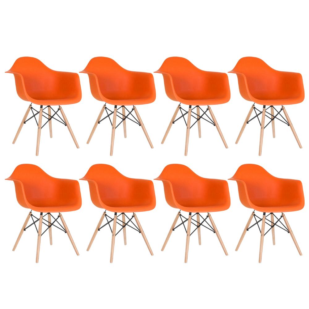 Kit - 8 X Cadeiras Charles Eames Eiffel Daw Com Braços - Base De Madeira Clara - Laranja