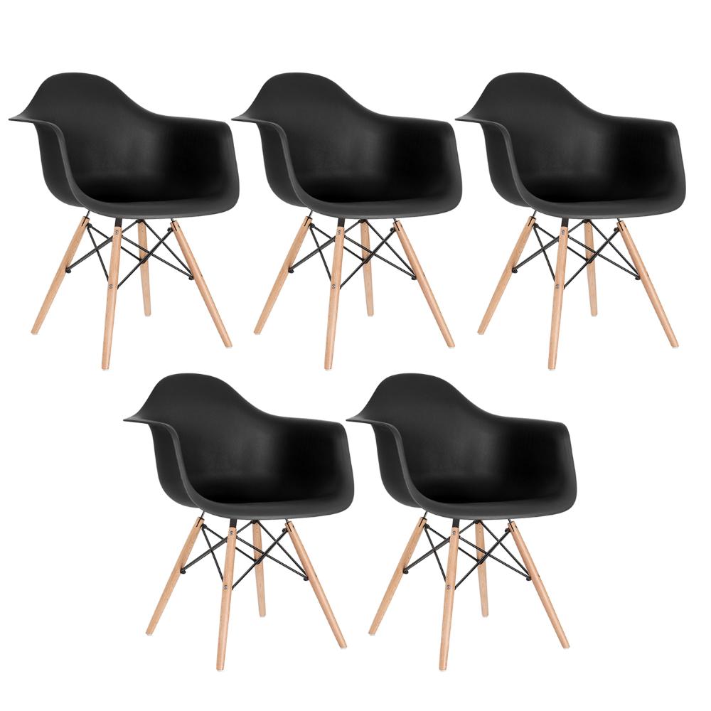 Kit - 5 X Cadeiras Charles Eames Eiffel Daw Com Braços - Base De Madeira Clara - Preto