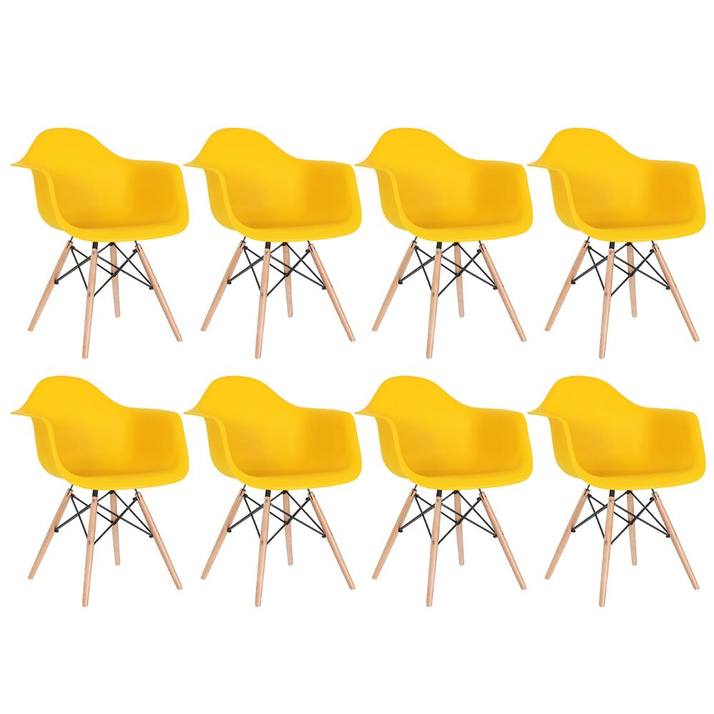 Kit - 8 X Cadeiras Charles Eames Eiffel Daw Com Braços - Base De Madeira Clara - Amarelo