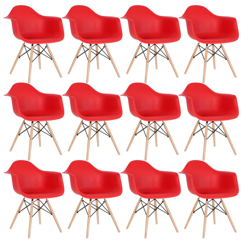 Kit - 12 X Cadeiras Charles Eames Eiffel Daw Com Braços - Base De Madeira Clara - Vermelho