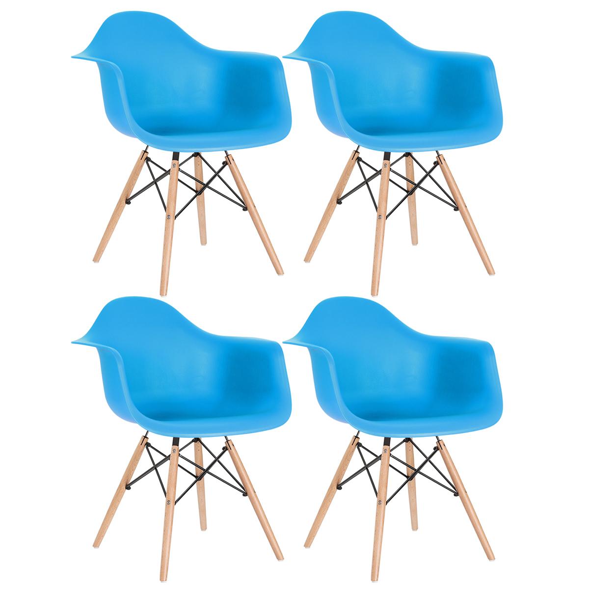 Kit - 4 X Cadeiras Charles Eames Eiffel Daw Com Braços - Base De Madeira Clara - Azul Céu