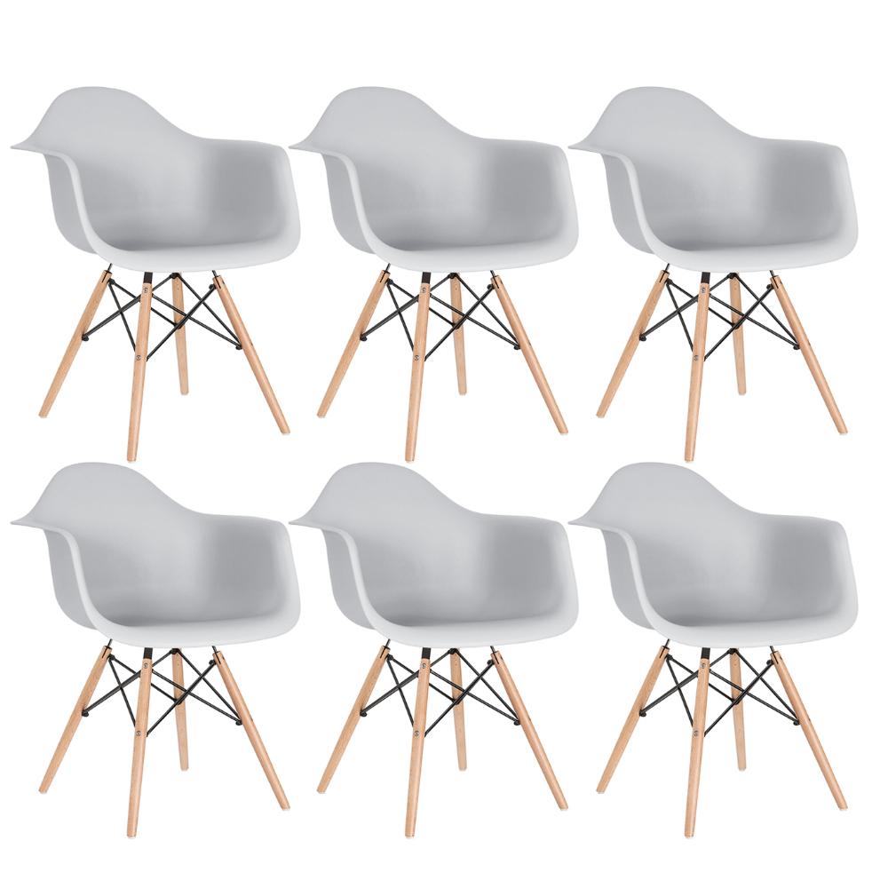 Kit - 6 X Cadeiras Charles Eames Eiffel Daw Com Braços - Base De Madeira Clara - Cinza Claro