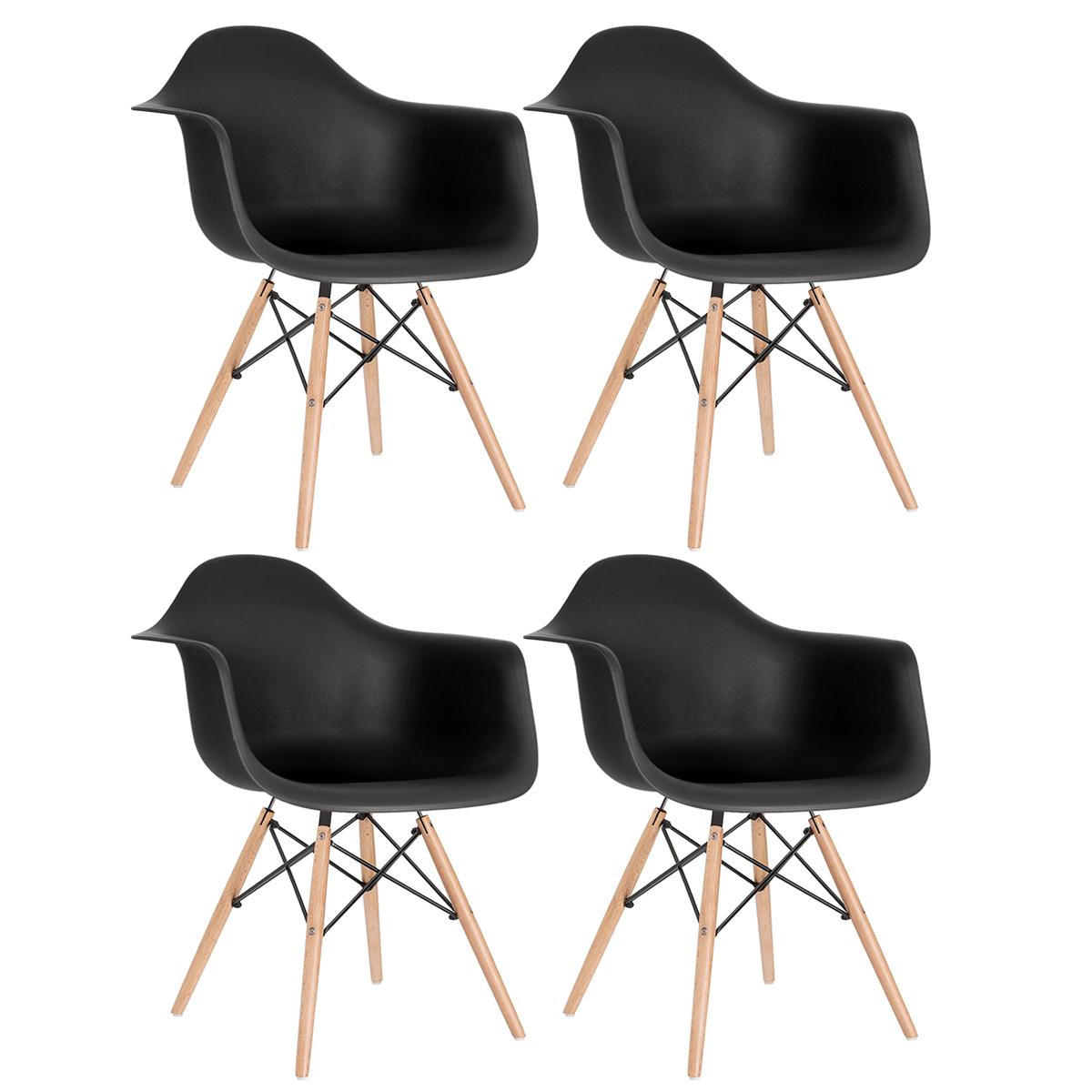 Kit - 4 X Cadeiras Charles Eames Eiffel Daw Com Braços - Base De Madeira Clara - Preto