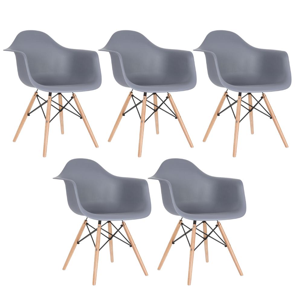 Kit - 5 X Cadeiras Charles Eames Eiffel Daw Com Braços - Base De Madeira Clara - Cinza Escuro