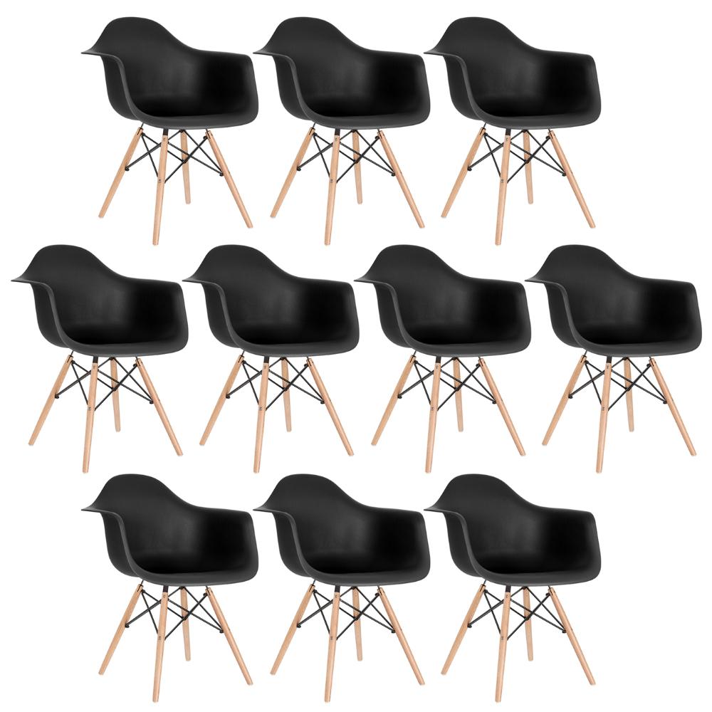 Kit - 10 X Cadeiras Charles Eames Eiffel Daw Com Braços - Base De Madeira Clara - Preto