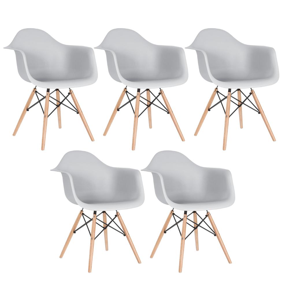 Kit - 5 X Cadeiras Charles Eames Eiffel Daw Com Braços - Base De Madeira Clara - Cinza Claro