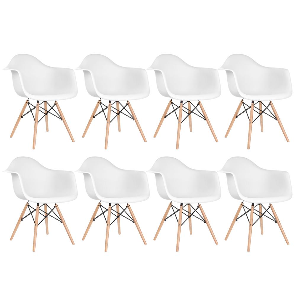 Kit - 8 X Cadeiras Charles Eames Eiffel Daw Com Braços - Base De Madeira Clara - Branco