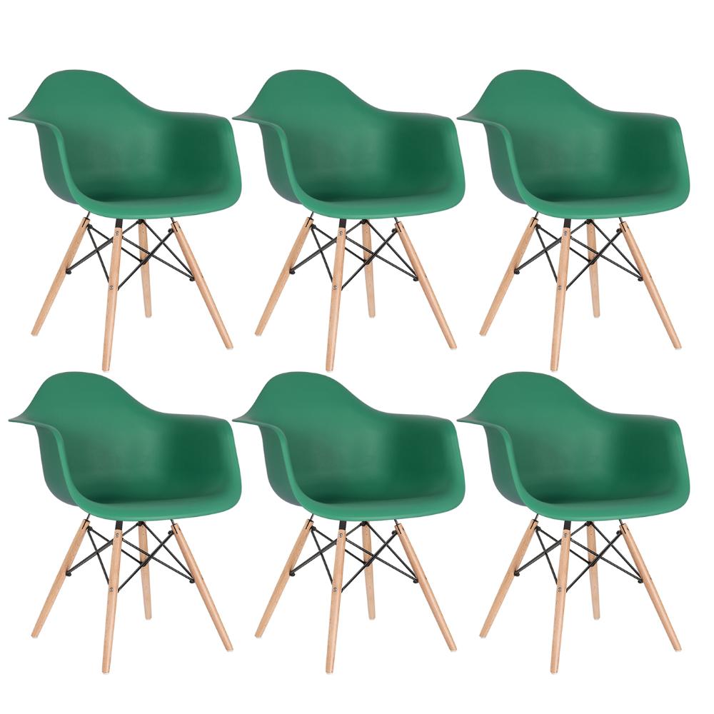 Kit - 6 X Cadeiras Charles Eames Eiffel Daw Com Braços - Base De Madeira Clara - Verde Escuro