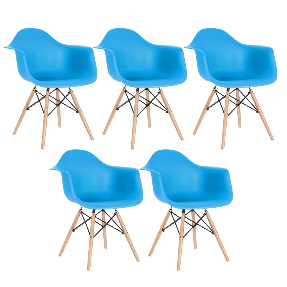 Kit - 5 X Cadeiras Charles Eames Eiffel Daw Com Braços - Base De Madeira Clara - Azul Céu