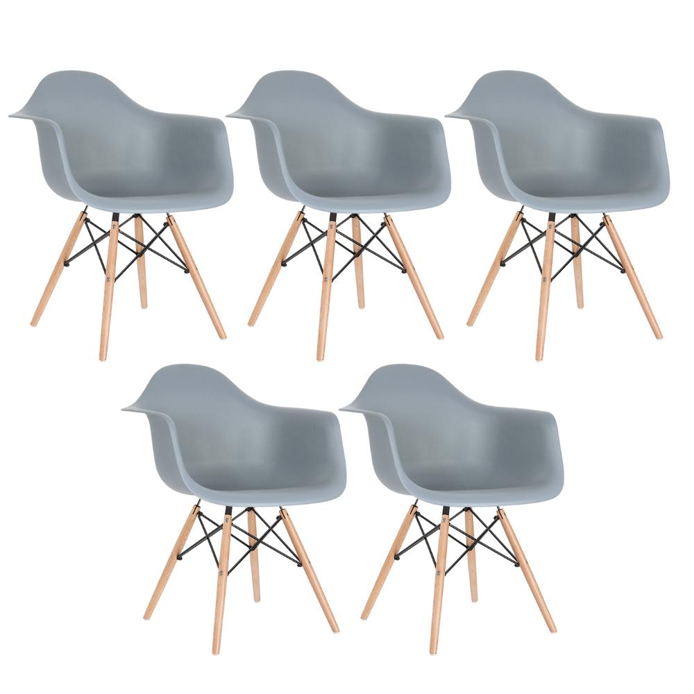 Kit - 5 X Cadeiras Charles Eames Eiffel Daw Com Braços - Base De Madeira Clara - Cinza Médio