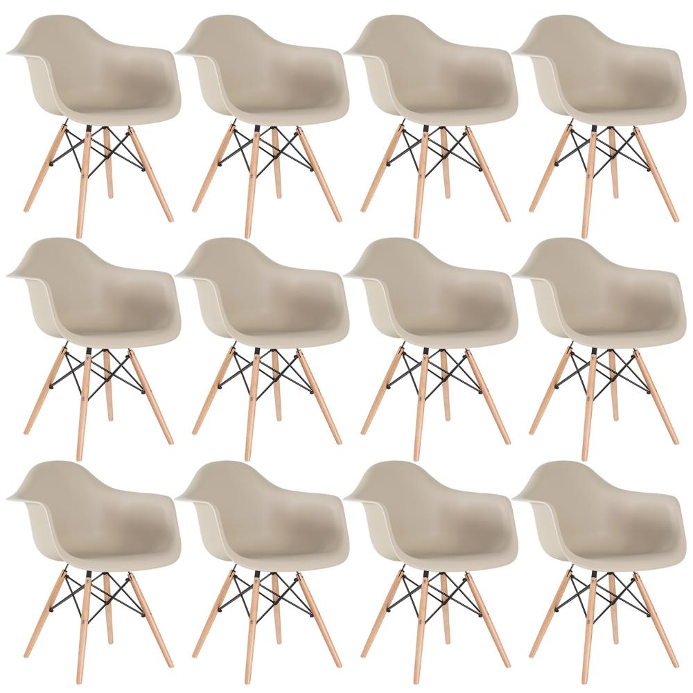 Kit - 12 X Cadeiras Charles Eames Eiffel Daw Com Braços - Base De Madeira Clara - Nude