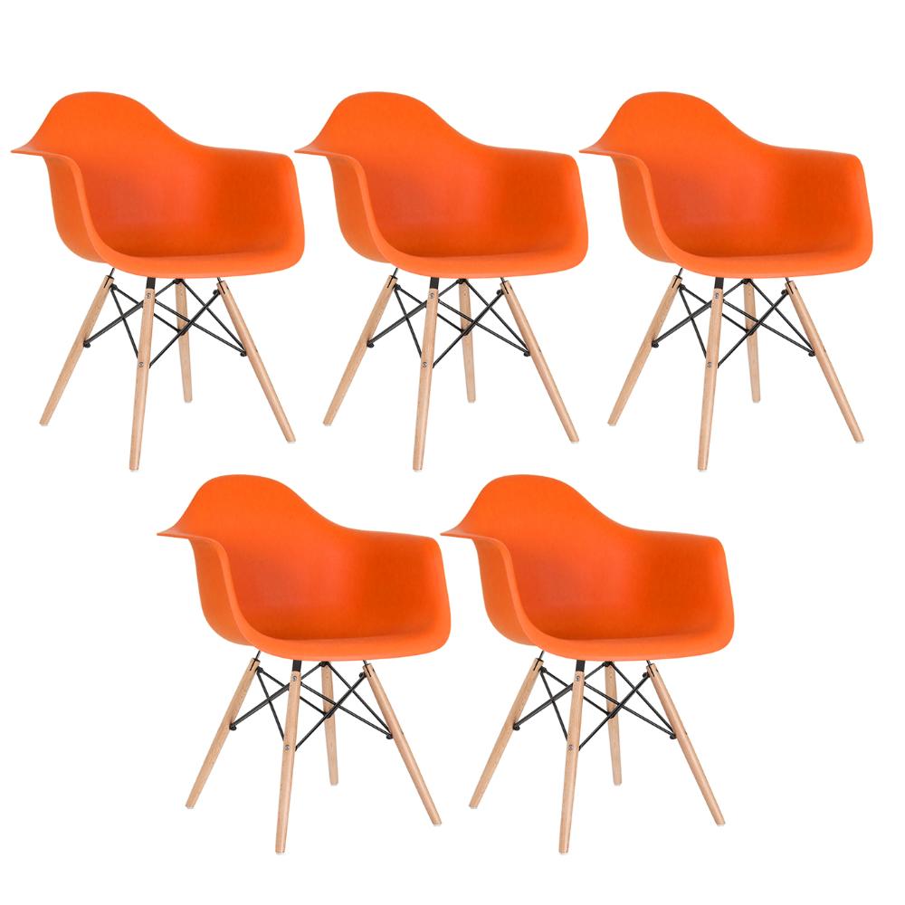 Kit - 5 X Cadeiras Charles Eames Eiffel Daw Com Braços - Base De Madeira Clara - Laranja