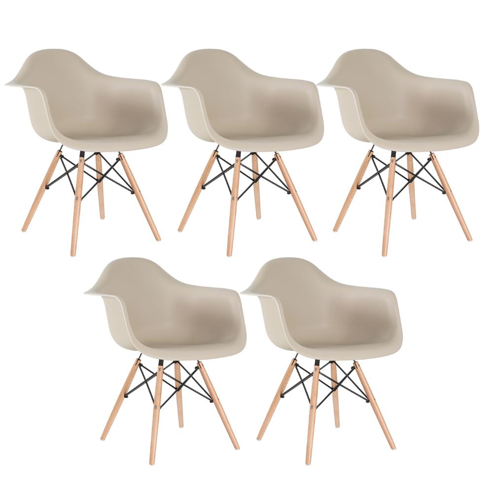 Kit - 5 X Cadeiras Charles Eames Eiffel Daw Com Braços - Base De Madeira Clara - Nude