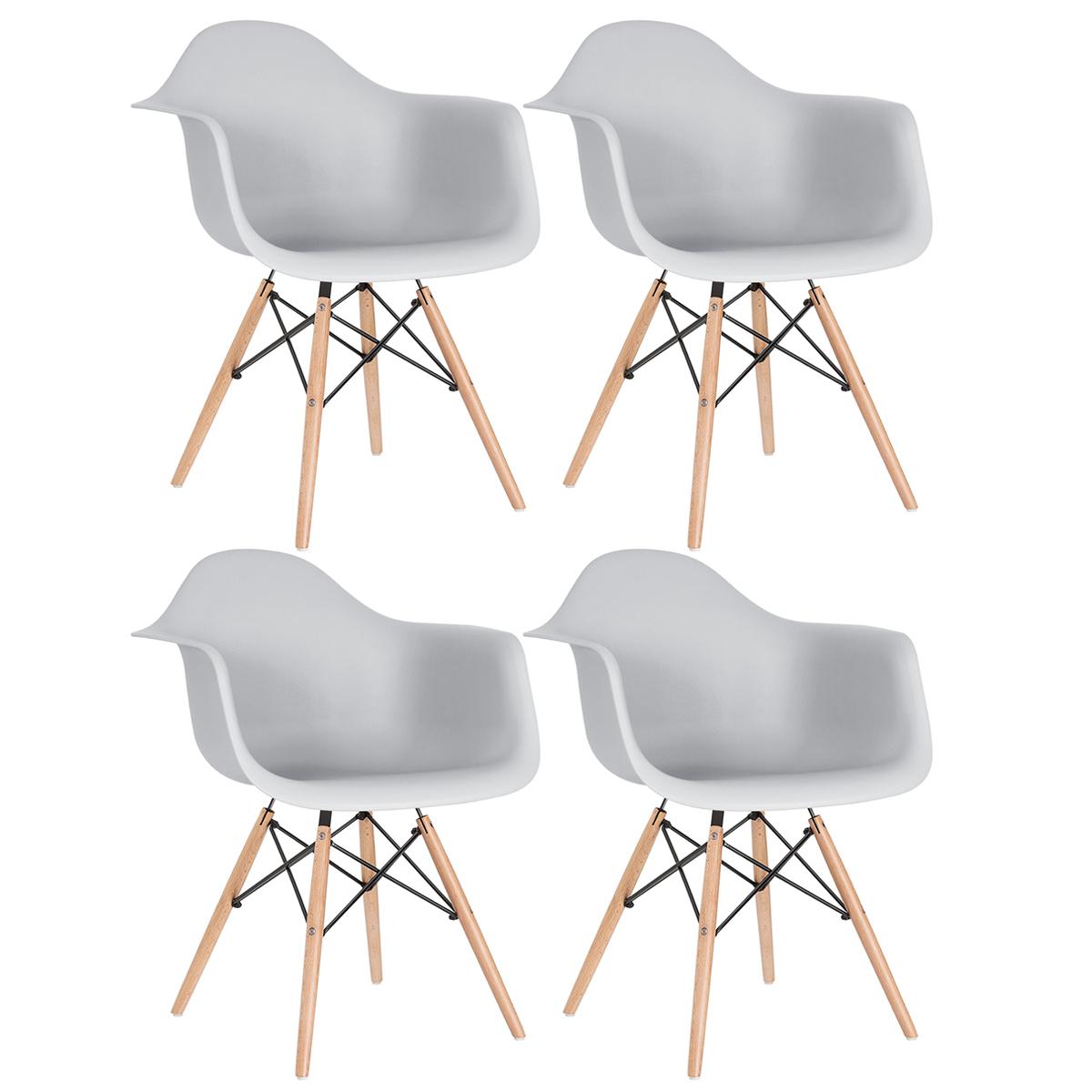 Kit - 4 X Cadeiras Charles Eames Eiffel Daw Com Braços - Base De Madeira Clara - Cinza Claro