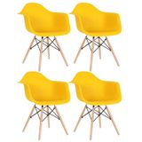 Kit - 4 X Cadeiras Charles Eames Eiffel Daw Com Braços - Base De Madeira Clara - Amarelo