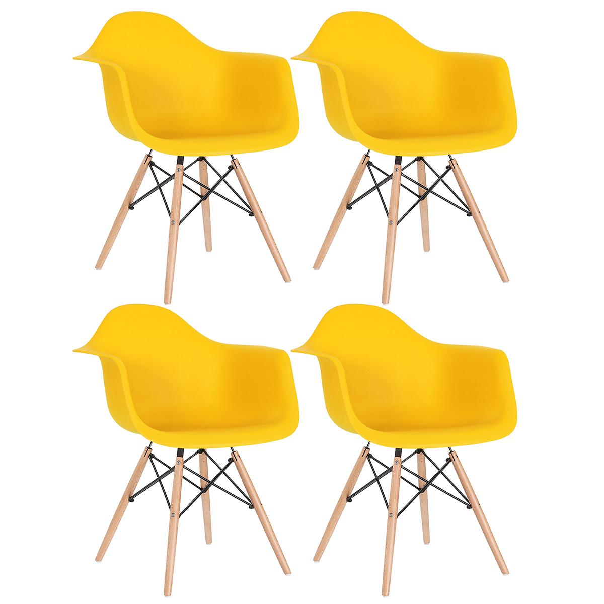 Kit - 4 X Cadeiras Charles Eames Eiffel Daw Com Braços - Base De Madeira Clara - Amarelo