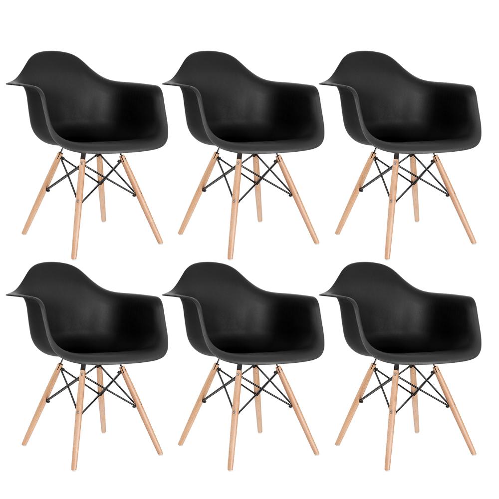 Kit - 6 X Cadeiras Charles Eames Eiffel Daw Com Braços - Base De Madeira Clara - Preto