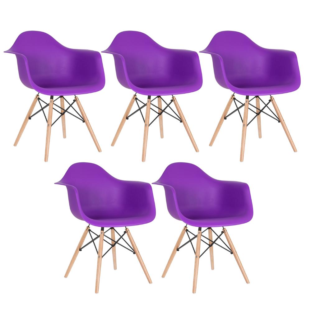 Kit - 5 X Cadeiras Charles Eames Eiffel Daw Com Braços - Base De Madeira Clara - Roxo