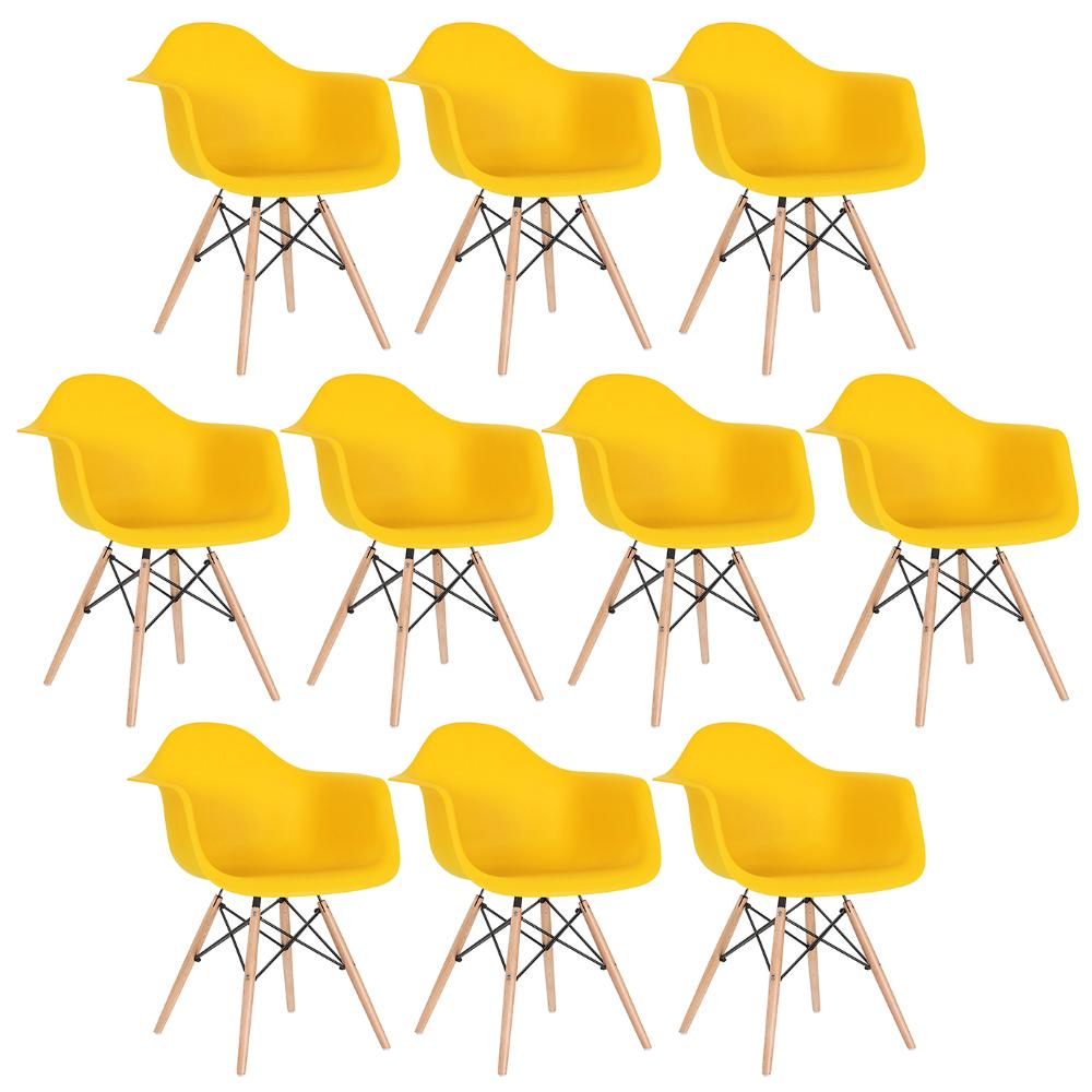 Kit - 10 X Cadeiras Charles Eames Eiffel Daw Com Braços - Base De Madeira Clara - Amarelo